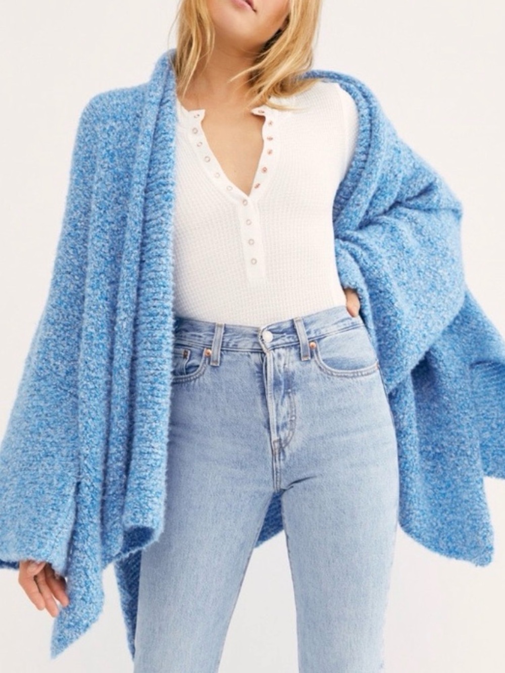 Free People BFF Cardigan Soft Stretchy Sky Blue Bouclé Open Cardigan